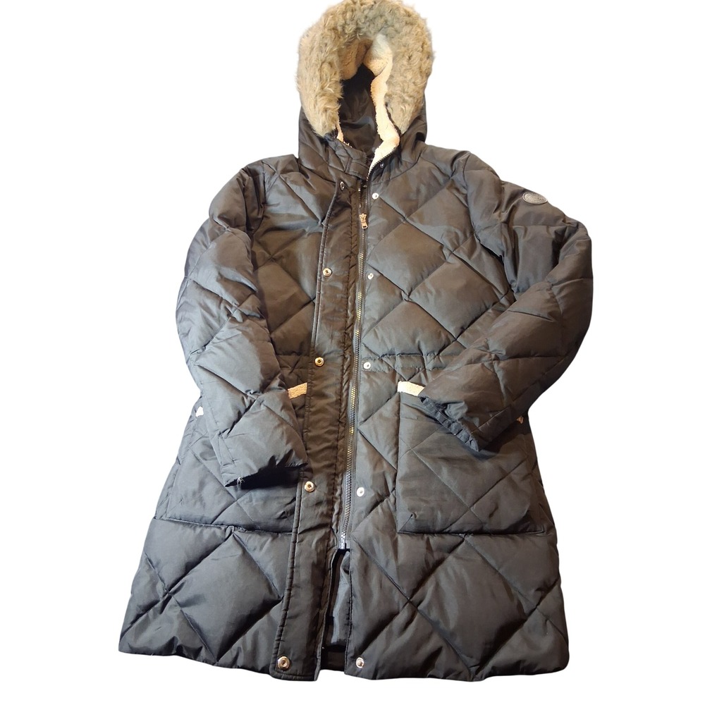 Lauren Ralph Lauren Womens Black Quilted Down Puffer Coat Faux Fur Hood Small